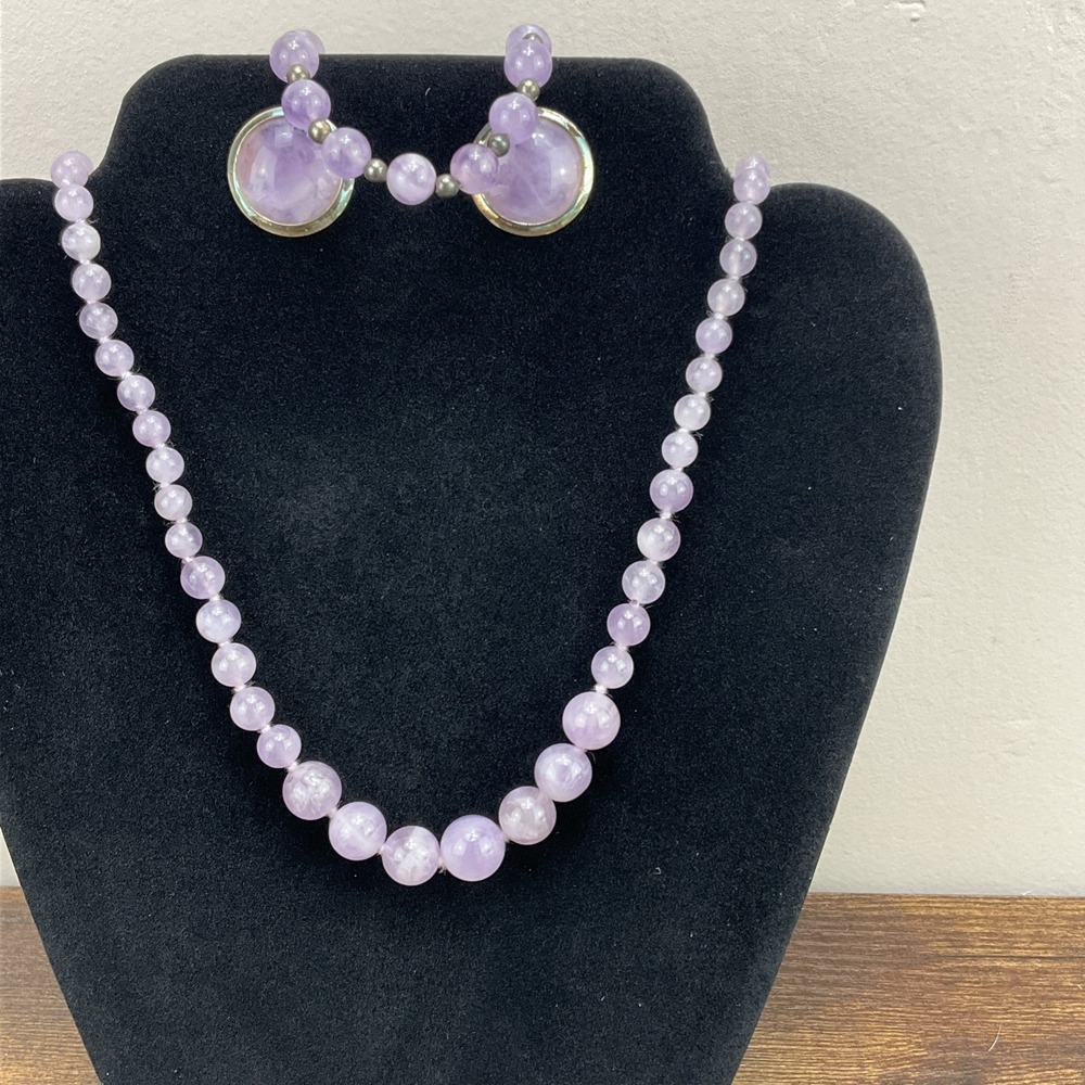 Natural Anethyst Beaded 3 Piece 24 in Necklace 7.5 in Bracelet 1 in Earrings